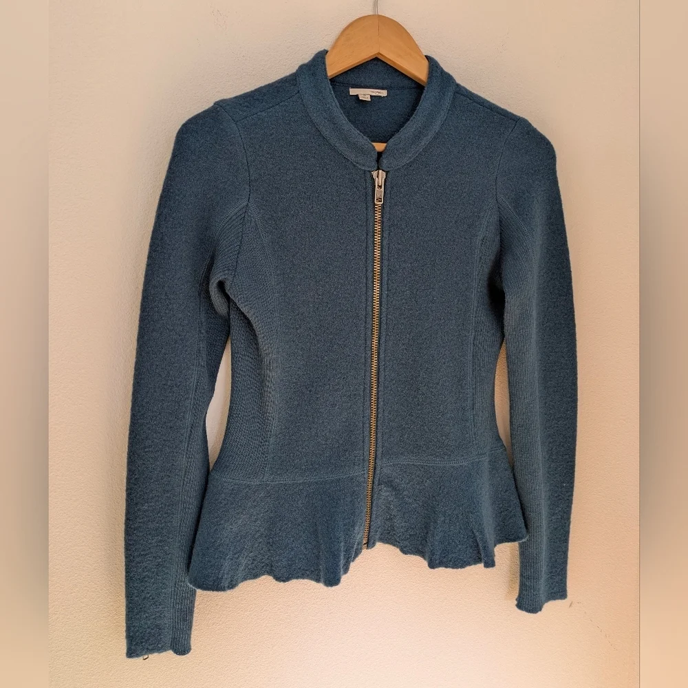 Halogen Nordstrom Women’s Petrol Peplum 100% Merino Wool Zip Up Jacket Sz XS EUC - Picture 3 of 16
